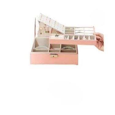 Imagem de Porta Jóias Caixa Organizadora De Jóias Feminina Em Couro Com Duas Camadas/Anéis/Colar Fecho (Cor aleatória/2020)