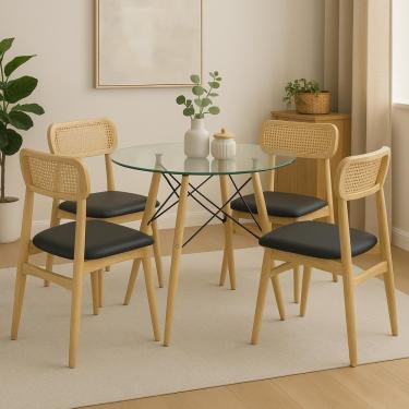 Imagem de Conjunto De Mesa De Jantar Vidro 90cm Com 4 Cadeiras Rainer Em Palha Natural Design, Conforto E Sofisticação
