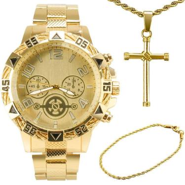 Imagem de Relogio Masculino Banhado Dourado + Pulseira + Crucifixo Prova Dagua Casual Grande Social Robusto