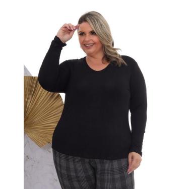 Imagem de T-shirt Blusa Gola V Manga Longa Básica Malha Moda Plus Size - Curvy P