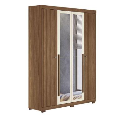 Imagem de Guarda Roupa Casal Ripado 4 Portas Buriti Com Espelho E Pés Jatobá Areia Acetinado - Santos Andirá