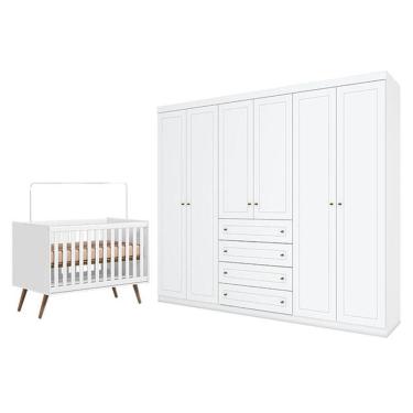 Imagem de Berço Americano Q Encanto 3820 Retrô Branco Acetinado - Qmovi E Guarda Roupa Casal Americano 6 Portas Branco Hp - Henn