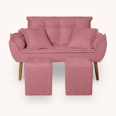 Imagem de Kit Poltrona Decorativa Namoradeira 2 Puffs Quadrado E 2 Almofadas Suede Rose - Lm Decor
