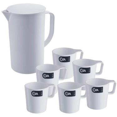 Imagem de Conjunto Jarra de Suco 2L com Tampa e 6 Canecas de Plástico Empilhável 250ml Branco Coza