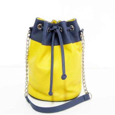 Imagem de Bolsa saco em couro natural azul/amarelo - Maria Adna