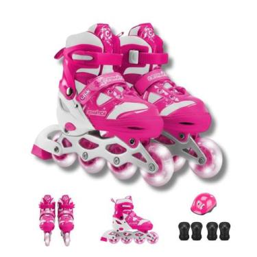 Imagem de Patins Infantil Menina 4 Rodas Inline Led Ajustável do 31 ao 34 e Kit 
