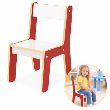 Imagem de Cadeirinha Infantil Montessori Junges Multiuso com Encosto Educativo em MDF Vermelho 33CM