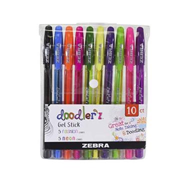 Imagem de Zebra Pen Doodlerz Canetas de gel stick pacote com 10, ponta ousada de 1,0 mm, material escolar e material de scrapbook, escrita suave, aderência ergonômica, cores neon sortidas, barril translúcido