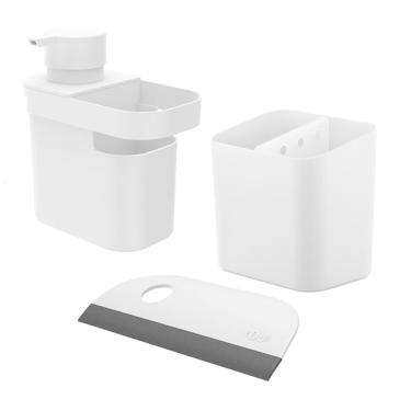 Imagem de Kit Dispenser Detergente Liquido Escorredor Talheres Rodo Compacto Pia Cozinha Branco - Ou