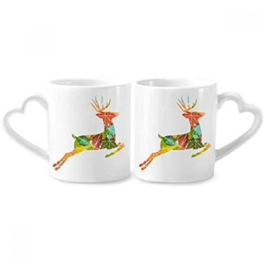 Imagem de Conjunto de canecas de porcelana de casal com estampa de alce de folhas coloridas de Natal para amantes de copo de coração
