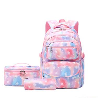 Imagem de Kit de Mochila Escolar com Estojo e Lancheira Infantil Menina Padrão Geométrico Mochila Feminina Resistente a água Casual Viagem Faculdade (Rosa)