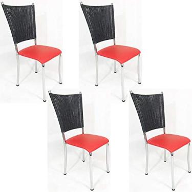 Imagem de Kit 4 Cadeiras de Cozinha Cromada Fibra Sintética Preta Assento Vermelho - Poltronas do Sul