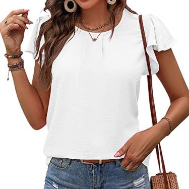 Imagem de Camiseta feminina de manga curta casual gola redonda plissada de chiffon camisa com babados manga top doce camisa de verão blusas tops, branca, P