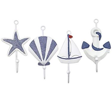 Imagem de Beach Decorations - Nautical Themed Wall Hook Set of 4 -Starfish, Shell, Anchor and Sail Boat Design- Hangers for Towels, Robes, Aprons Hats - Ocean Wall Art