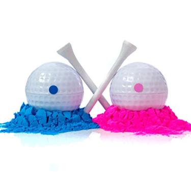 Imagem de Conjunto de bolas de golfe explosivas de bola de golfe de revelação de gênero (1 rosa + 1 azul + 2 camisetas de madeira por pacote) para meninas ou meninos e bebês revelam ideias | Decorações temáticas de revelação de gênero em pó