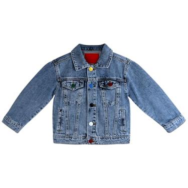 Imagem de KIDSCOOL SPACE Jaqueta jeans para meninos, casaco jeans para crianças pequenas e grandes com design simples e botões coloridos, azul médio, 8 a 9 Anos