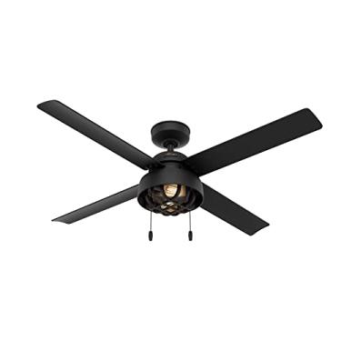 Imagem de Ventilador de teto para ambientes internos/externos Hunter Spring Mill com luzes de LED e controle de corrente de puxar, 132 cm, preto fosco