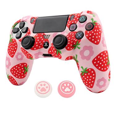 Imagem de RALAN Capas de controle rosa para PS4, capa protetora de silicone para controle de frutas compatível/PS4 Slim/PS4 Pro com 2 lindas tampas de aperto de polegar..