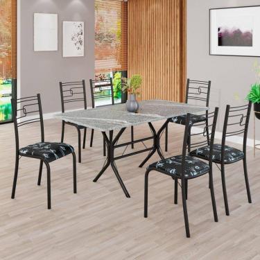 Imagem de Conjunto Sala de Jantar Mesa Retangular 140x75cm Tampo Granito Topázio 6 Cadeiras Paraty Preto Floral / Preto Fosco