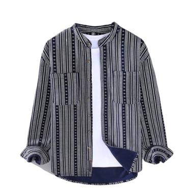 Imagem de Camisa masculina listrada de manga comprida de algodão casual de rua estampada gola alta bolsos camisa de veludo cotelê tops outono, Azul marinho, PP
