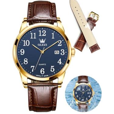 Imagem de OLEVS Relógio masculino masculino com pulseira de couro, clássico, de couro marrom, analógico, masculino, preto, à prova d'água, mostrador grande, relógio masculino, 5566-ZP-face azul, pulseira