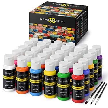 Imagem de Magicfly Tinta acrílica para ambientes externos, conjunto de 30 cores (60 ml, 60 ml) com 3 pincéis de tinta, pigmentos ricos em várias superfícies para pátio para pedras, artesanato, tecido, couro, papel e projetos "faça você mesmo"