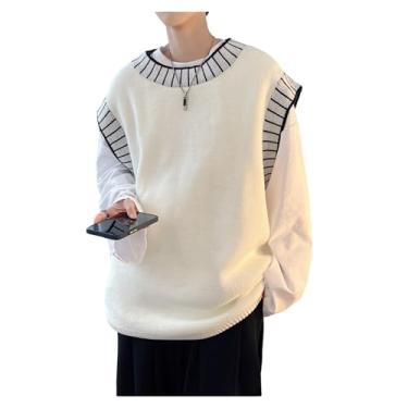 Imagem de Suéter masculino sem mangas tricotado suéter grande pulôver gola redonda respirável aconchegante Dk Vest, Branco, P