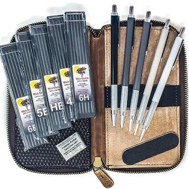 Imagem de MstrSktch Lápis de desenho mecânico de metal para esboçar em estojo de couro, refis de grafite de 2 mm e borracha amassada para artistas, desenhistas e designers