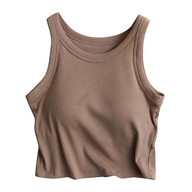 Imagem de Sutiã feminino embutido sem mangas, listrado, sem mangas, gola redonda, ajuste solto, blusa básica de verão, Ya1-cáqui, Large