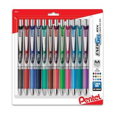Imagem de Pentel® Canetas de gel líquido retráteis EnerGel™ RTX, ponta média, 0,7 mm, cores sortidas, pacote com 12 canetas