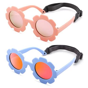 Imagem de Óculos de sol polarizados para bebês com alça – Óculos de sol flexíveis em forma de flor para bebês de 0 a 24 meses, A7* (Azul/Laranja Vermelho Espelhado + Rosa/Rosa Espelhado) - Pacote com 2,