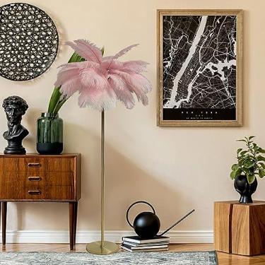 Imagem de Luminária de chão de penas de avestruz natural Candeeiro de chão de penas douradas para decoração de sala de estar Candeeiro de chão com abajur de penas Lâmpada de pé regulável para quarto, estudo,