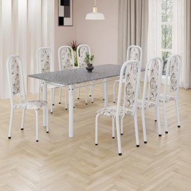 Imagem de Conjunto de Mesa Retangular 180x75cm Tampo Granito Ocre 8 Cadeiras Lavínea Arabesco/Branco