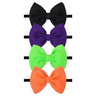 Imagem de Lanmerry Bandanas de cabelo de Halloween para bebês meninas com laços para recém-nascido laranja laço elástico nylon faixas de cabelo de Halloween acessórios de cabelo 4 pacotes