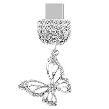 Imagem de ELISE & FONDA TP229 Tipo-C porta de carregamento cristal antipoeira pingente de celular pequena borboleta para Samsung/OnePlus/Xiaomi/oppo telefone Android iPhone 15/16 (prata), approx. 2.5 cm (L) x