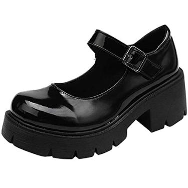 Imagem de Sapatos femininos Mary Janes salto grosso tira no tornozelo uniforme sapato social salto gótico Lolita Oxfords, Alça única - preto, 8