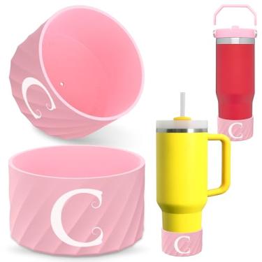 Imagem de Bota inicial de silicone para Stanley Cup Quencher IceFlow - Protetor de manga inferior de borracha personalizado para acessórios Stanley Cup HydroFlask, Simple Modern, Owala - Rosa (pacote com 2) C