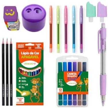 Imagem de Canetinha com Ponta Pincel + Lápis de Cor Apagável + Lapiseira + Marca Texto - Leo e Leo (Roxo)