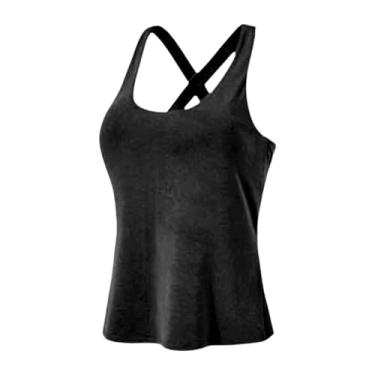 Imagem de UGPLM Regata feminina para ioga, sutiã embutido, portátil, para exercícios, treinamento, roupa esportiva, academia, colete versátil para corrida, treino, Black M