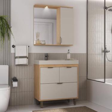 Imagem de Conjunto de Banheiro Gabinete 2 Portas 1 Gaveta e Espelheira com Led 1 Porta Eleganza Carvalho Nature/Arenas