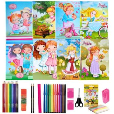 Imagem de Kit 8 Cadernos Brochura Unicórnio +material Escolar Completo - Máxima 