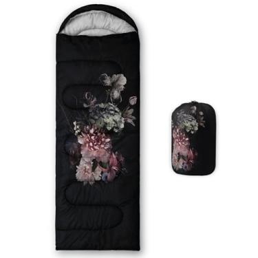 Imagem de Axolotl Saco de dormir floral preto, saco de dormir portátil de flor rosa retrô para mulheres, vintage 3 estações, clima quente e frio, impermeável, leve, saco de dormir para viajar ao ar livre,