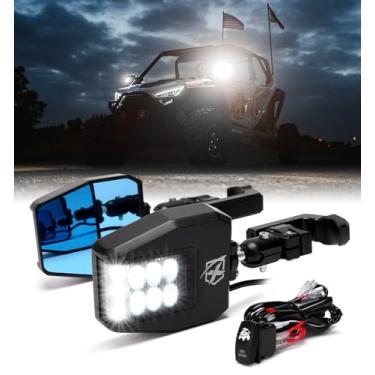 Imagem de Xprite Espelhos de visão lateral UTV de alumínio com lente fumê LED compatível com barra de gaiola de rolo de 4,4 cm a 5 cm para Pioneer Polaris RZR, Side by Side, Can Am X3, Kawasaki Teryx Mulle, Yamaha Rhino Wolverine