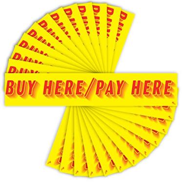 Imagem de Versa-Tags Adesivo vermelho e amarelo de 36,8 cm para revendedor de carro com slogan - Compre aqui/pague aqui