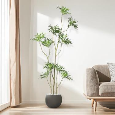 Imagem de tonchean Árvore artificial Mahonia Fortunei 1,8 m, plantas falsas, árvore artificial para ambientes internos, para escritório, casa, sala de estar, chão, pátio, decoração de varanda verde