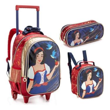 Imagem de Kit Mochila Rodinha Lancheira Estojo Feminina Menina Escolar Infantil Princesa Branca De Neve Denlex-Feminino