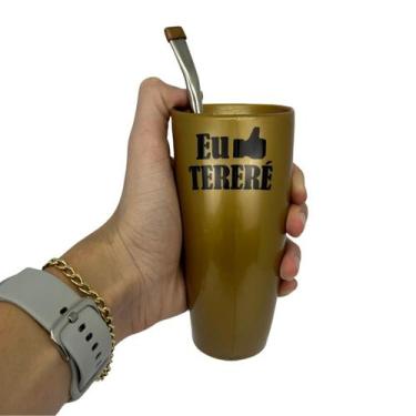 Imagem de Kit tereré guampa plástica dourada 300 ml + bomba simples de ferro e p
