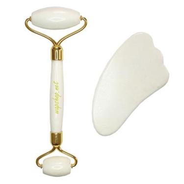 Imagem de Rolo Galvanizado Pedra Natural Jade Branca e Placa Gua Sha - WapShop