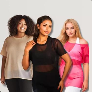 Imagem de Kit 3 Blusa Tule Feminina Academia Transparente Tshirt Lisa - Contramã
