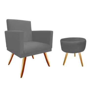 Imagem de Kit Poltrona Decorativa Nina + Puff Redondo Suede Cinza Pés Madeira Mz